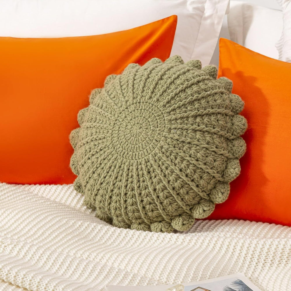 Knitted Throw Pillow Round Couch Pillow (Olive Green, 18inch)