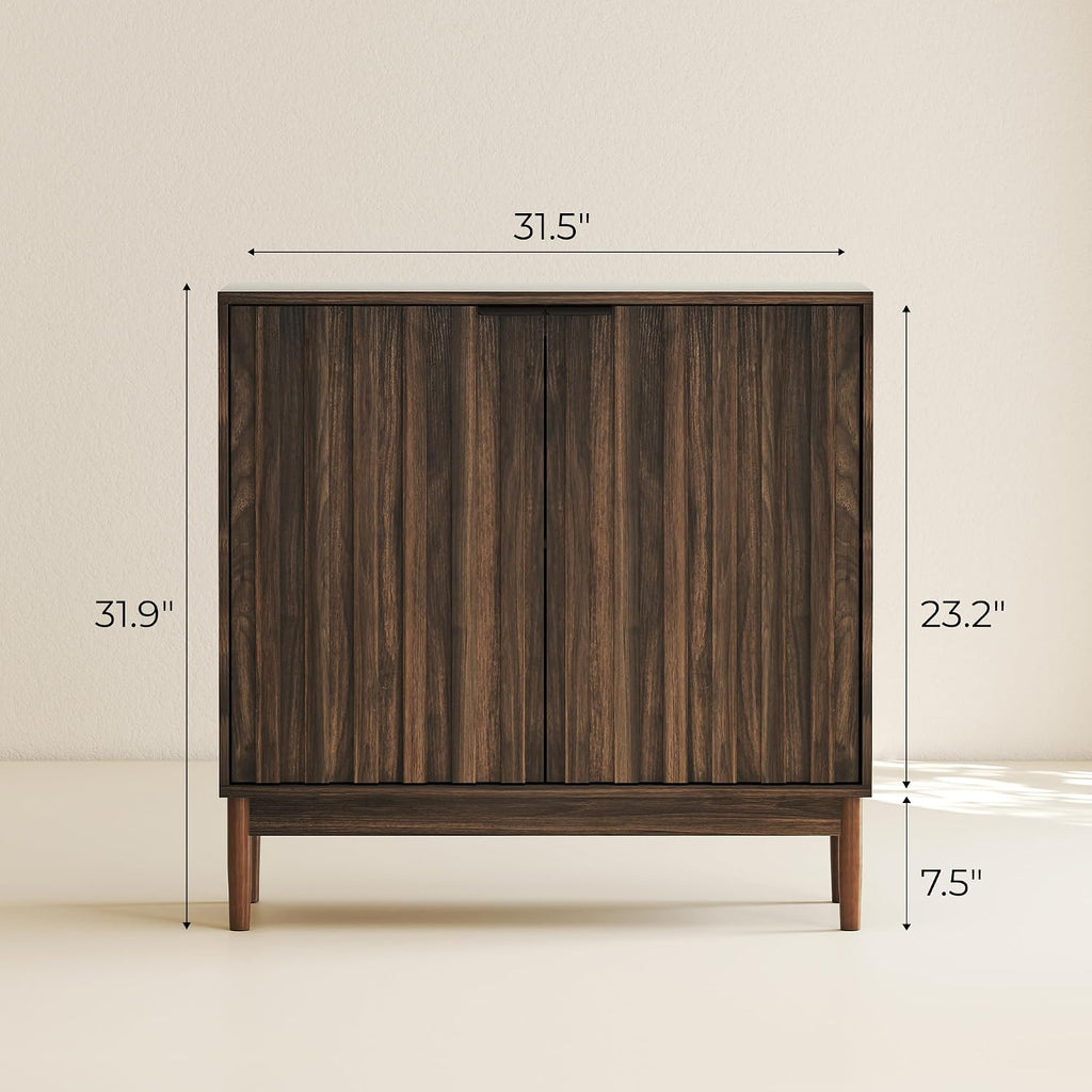 Fluted Buffet Cabinet with Storage, Small Accent Cabinet, Brown