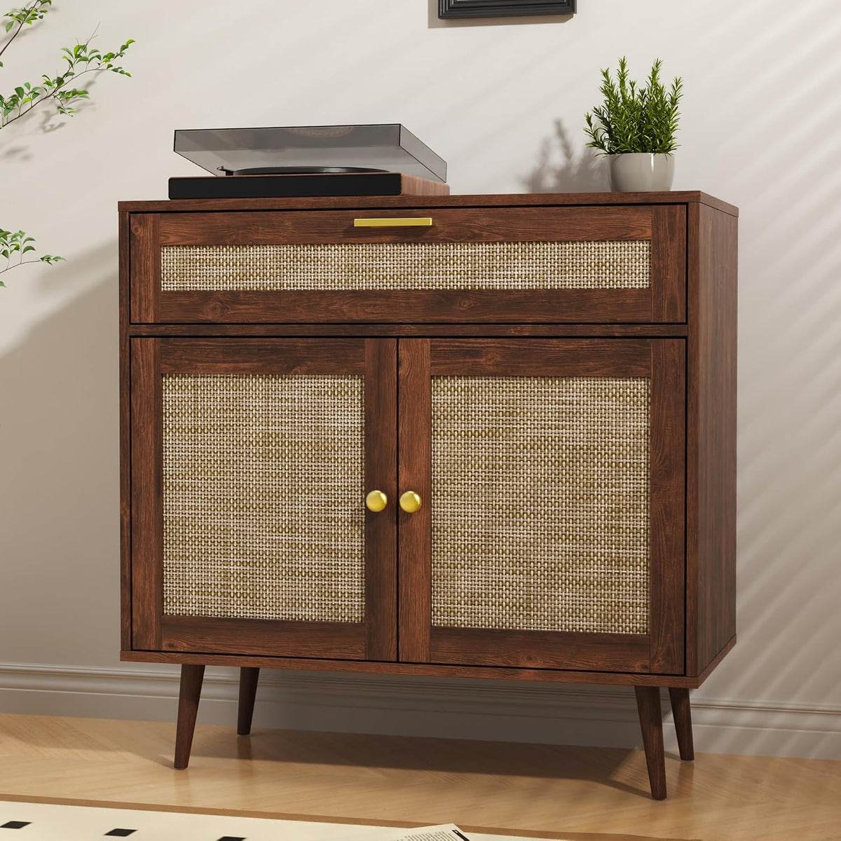 Furnify Rattan Sideboard Buffet, Boho Kitchen Cabinet with Drawer & 2 Doors, Modern Mid Century Accent Cabinet with Adjustable Shelf, Coffee Bar for Living Room, Entryway, Kitchen, Walnut