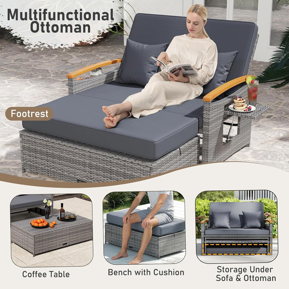 LDAILY Moccha Outdoor Wicker Daybed, Patio Rattan Loveseat Sofa w/ 4-Level Ad...