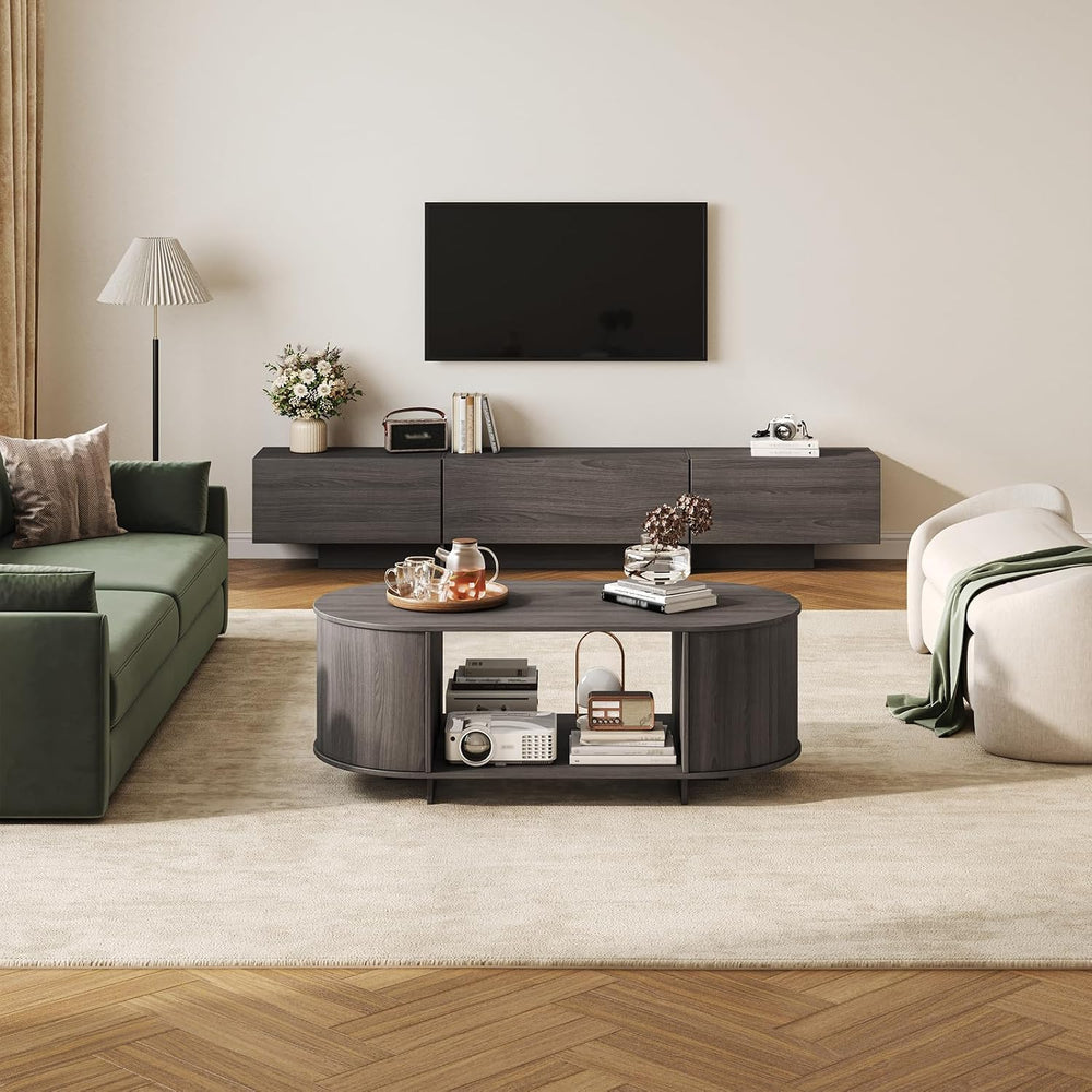 Modern Oval Coffee Table with Storage for Living Room, Grey
