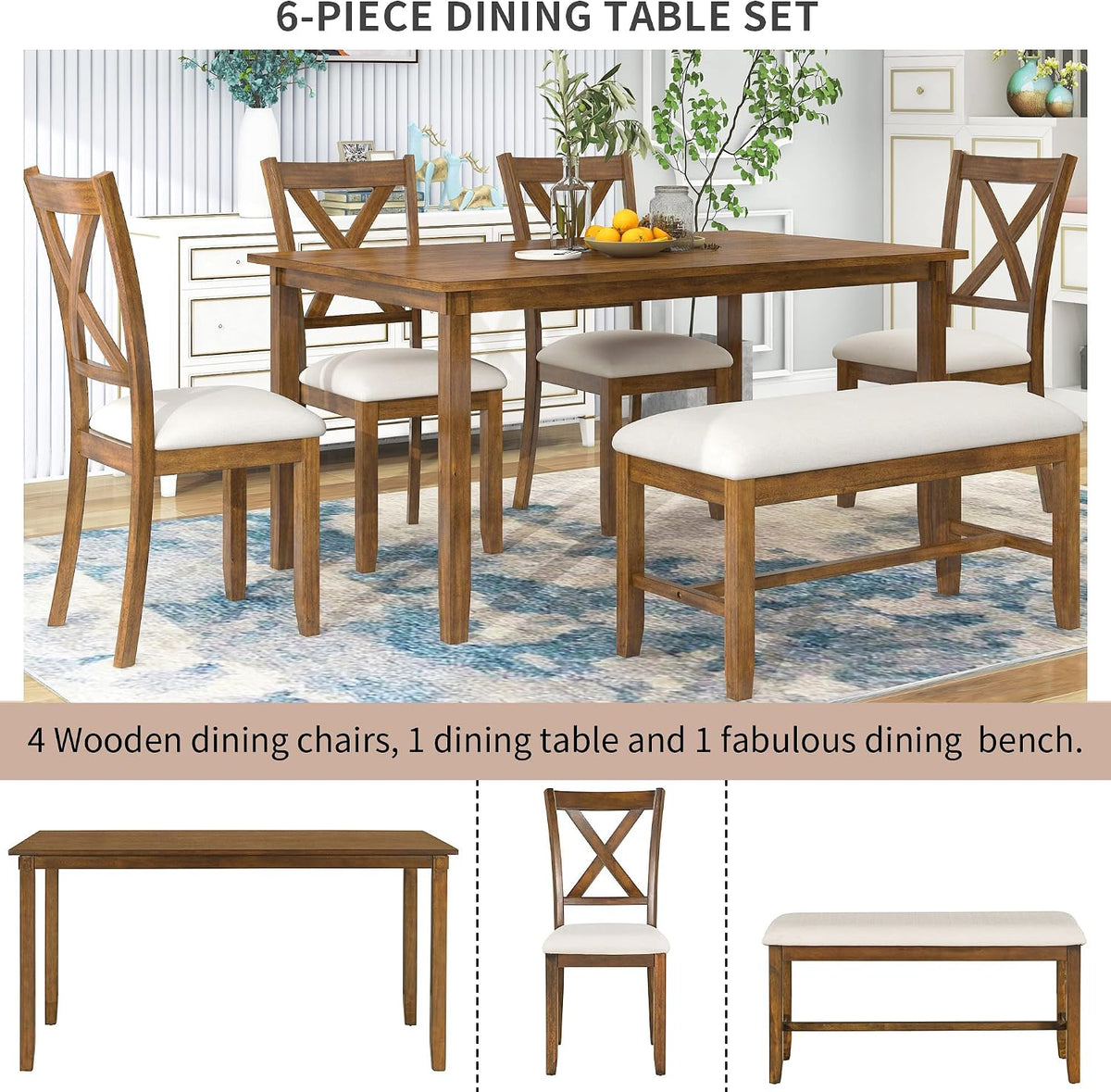 merax 6-piece wooden kitchen dining table set with showing dimensions