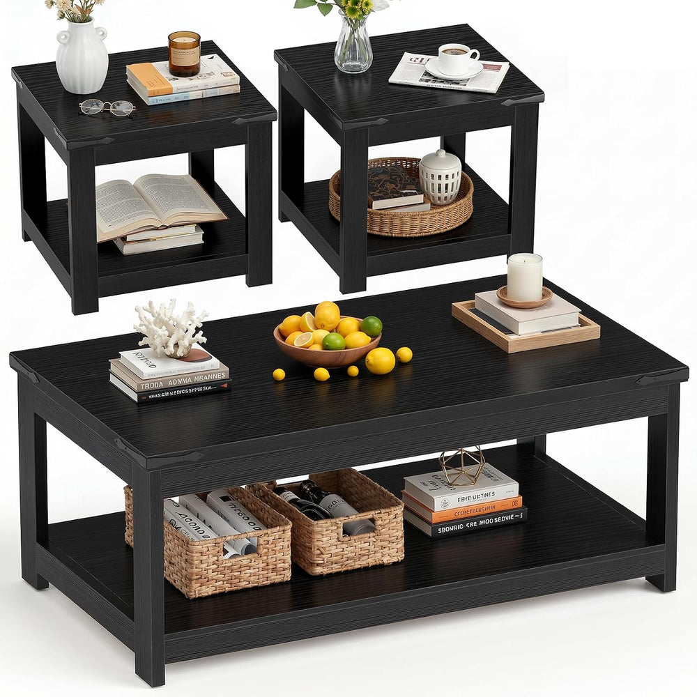 Homieasy 3-Piece Living Room Table Set: Coffee Table & 2 End Tables, Black