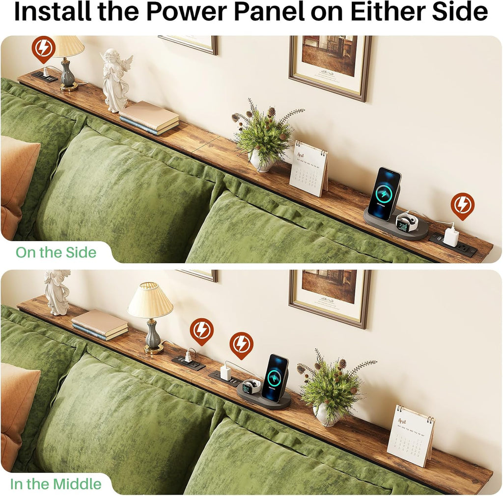 Kitstorack 94.5" Behind Couch Table, Height Adjustable Narrow Console | 24.3"-32.5" range, split for separate walls, 2 outlets, anti-scratch feet, rustic brown, ideal narrow sofa table