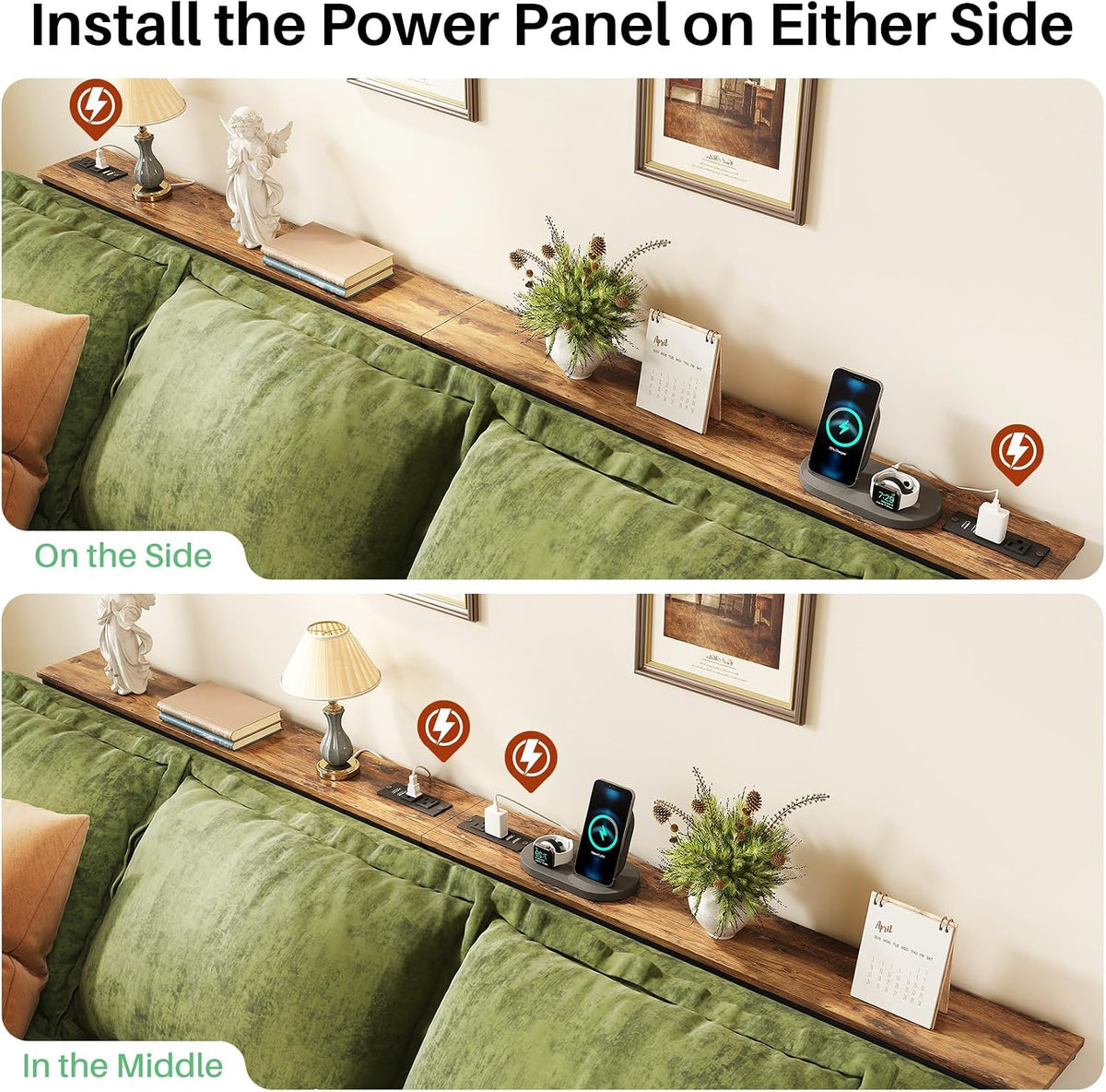 Kitstorack 94.5" Behind Couch Table, Height Adjustable Narrow Console | 24.3"-32.5" range, split for separate walls, 2 outlets, anti-scratch feet, rustic brown, ideal narrow sofa table