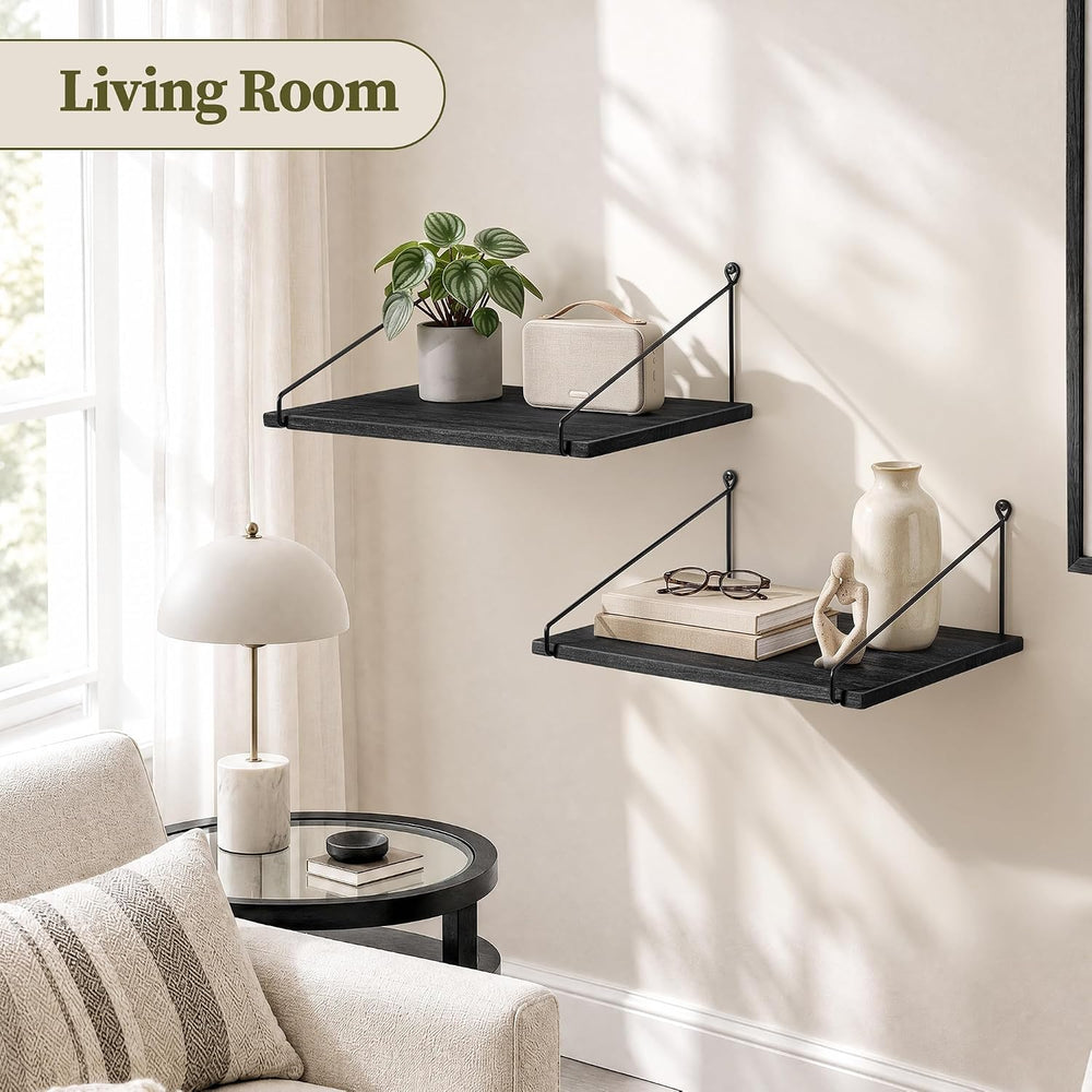 Afuly 12 inch Deep Floating Shelves for Wall, Black Wide Shelf, Solid Wood
