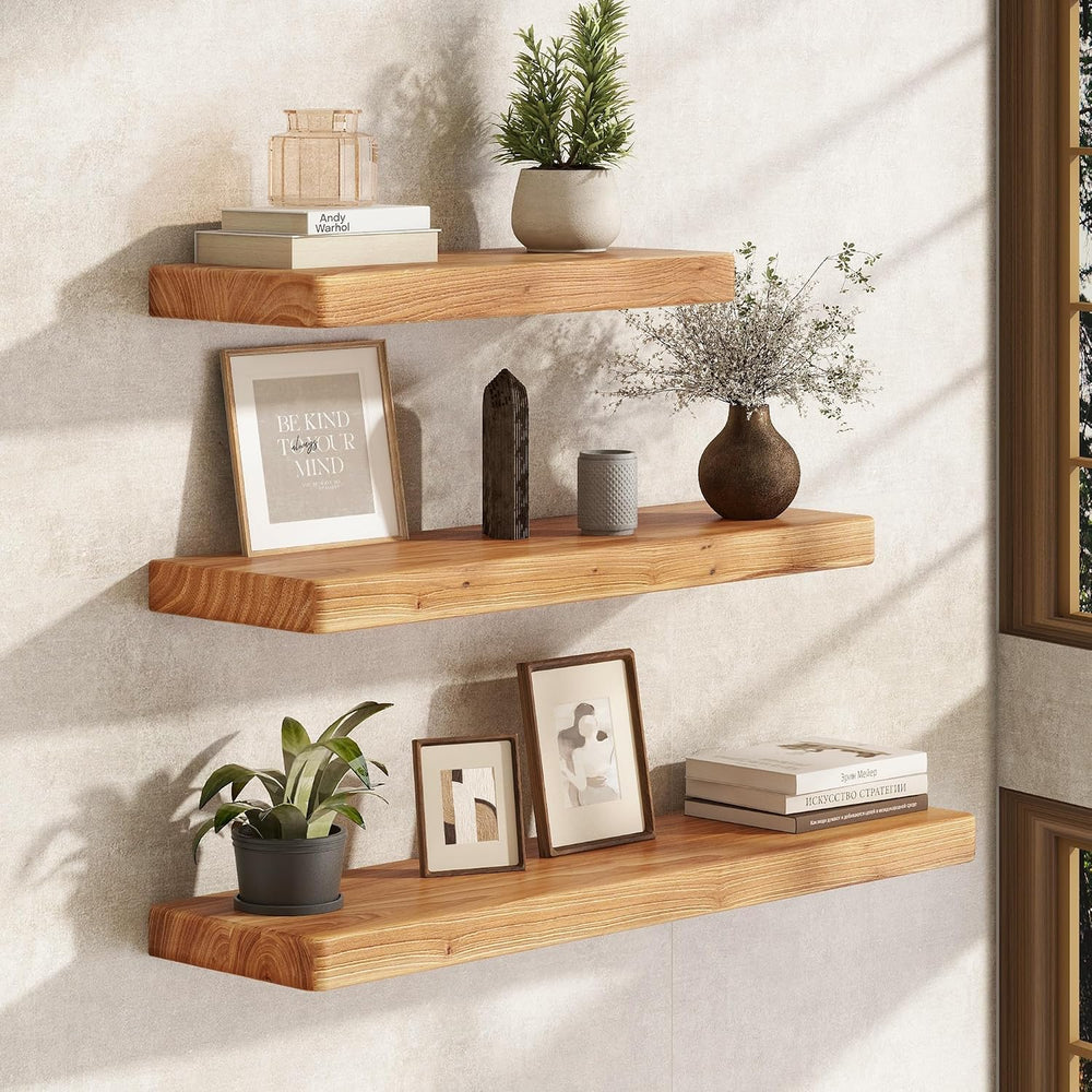 Fun Memories 36 Inch Floating Shelves for Wall, Solid Elm Wood Wall Shelf for...