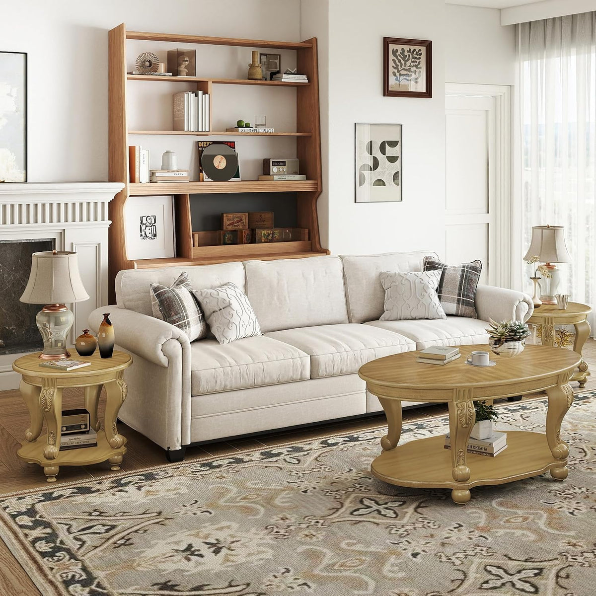 LKTART 3-Piece Coffee Table Set, Coffee Table and Round End Tables Set of 2, Victorian Living Room Coffee Table Sets, Antique Natural