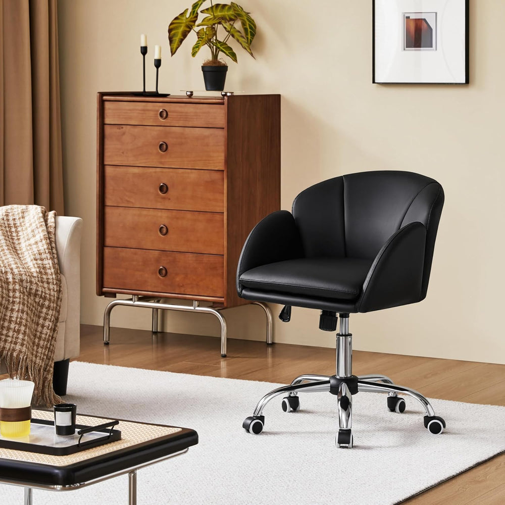 Yaheetech Black Petal Faux Leather Makeup Vanity Desk Chair, Swivel Wheels