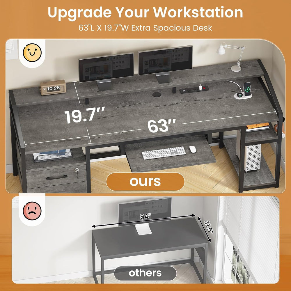 SEDETA 63" Computer Desk, Office Desk with Lockable Drawers for Legal/Le...