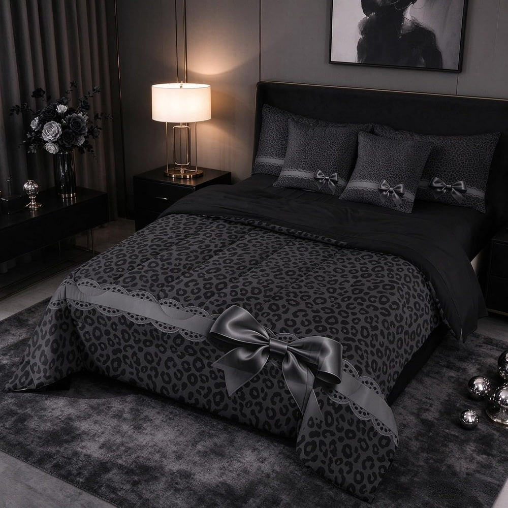 Erosebridal Leopard Print Comforter Set Queen 7 Piece Bowknot Black Cheetah