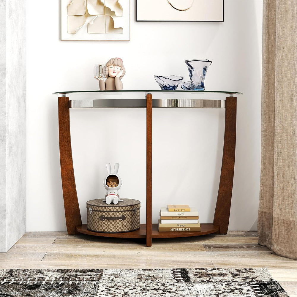 GIANTEX 2-Tier Glass Console Table, Half Moon Modern Entryway Table