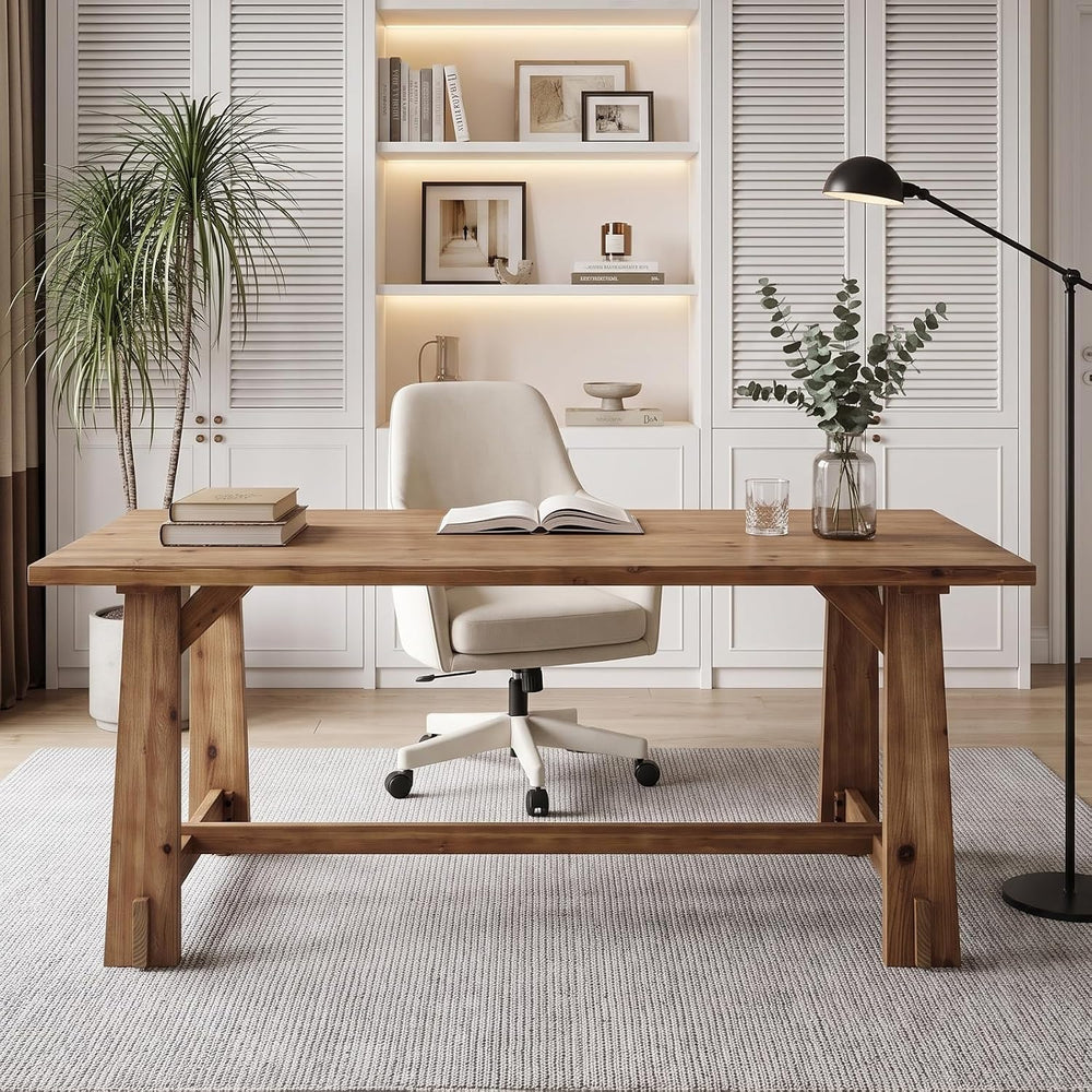 LITTLE TREE 63" Long Large Wood Desks, Farmhouse Office Desk