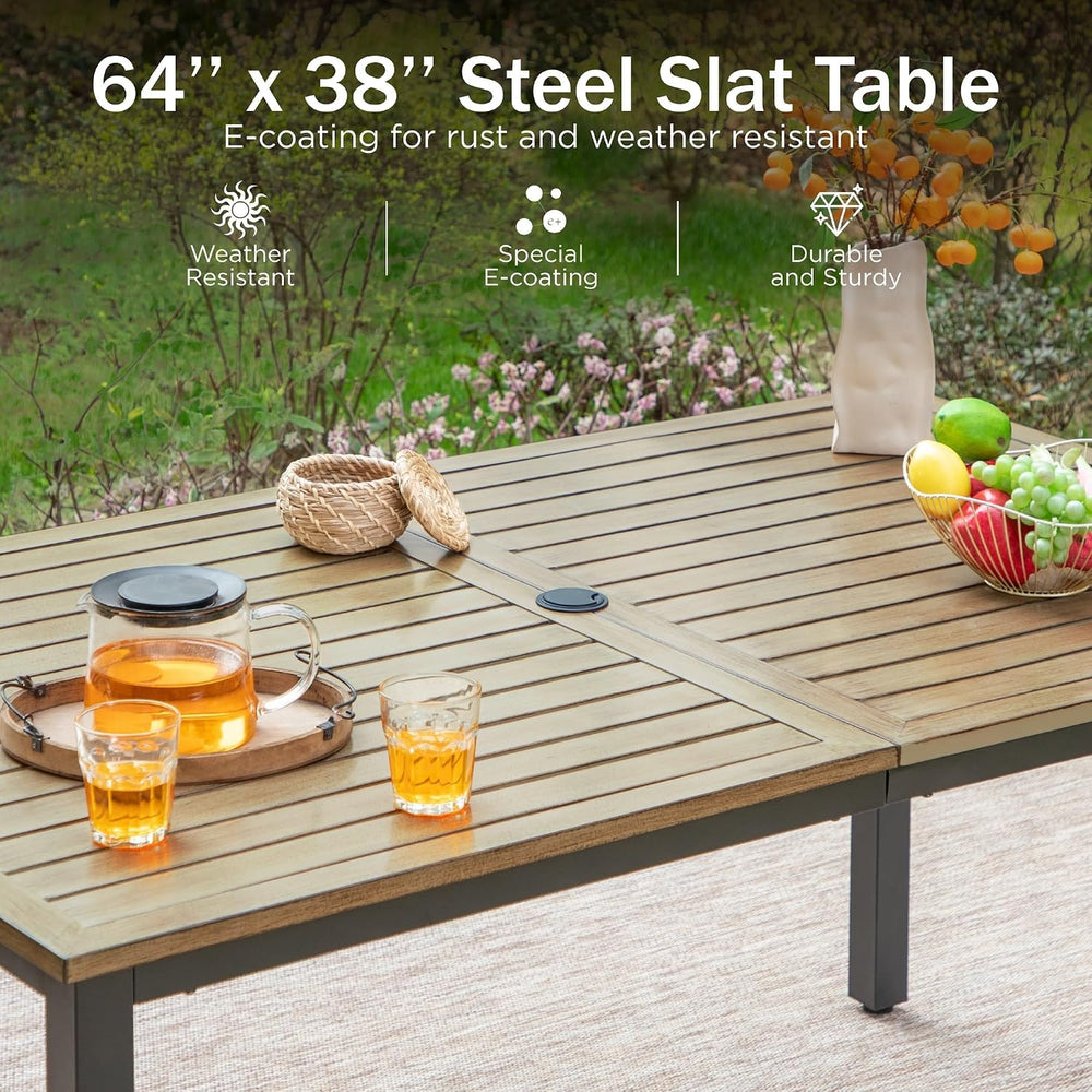 PHI VILLA Outdoor Dining Set for 6& 65”Wood-Like Metal Table