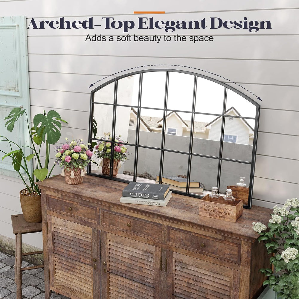Wide Window Pane Mirror, 44" x 28" Black Arched Mirror for Wall