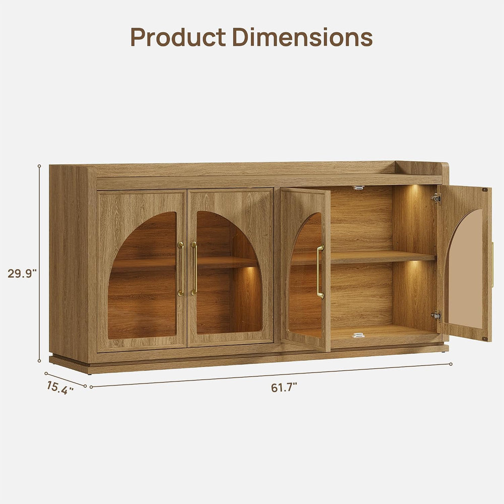 SICOTAS Sideboard Buffet Cabinet with Storage, LED Lights, Arch Glass Doors