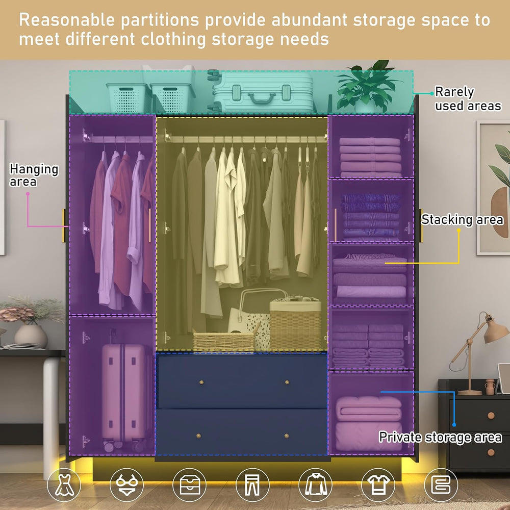jiteentarou 4 Door Wardrobe Closet with Mirrors and LED Lights, Bedroom Armoi...