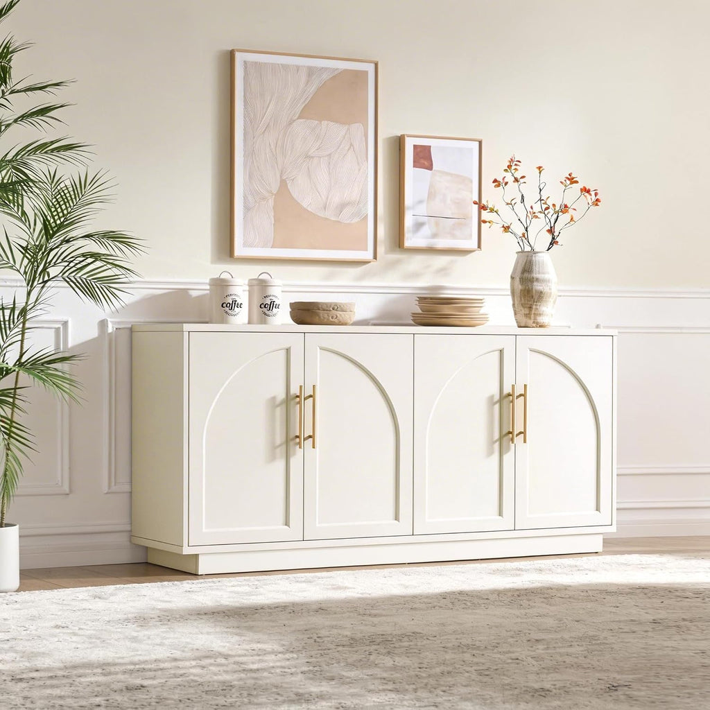Fatmok Buffet Cabinet with Storage, 59'' Modern Arched Sideboard Cabinet w/Adjustable Shelves, Wood Media TV Console Table Credenza for Living Room Hallway Entryway, Beige(Not White)