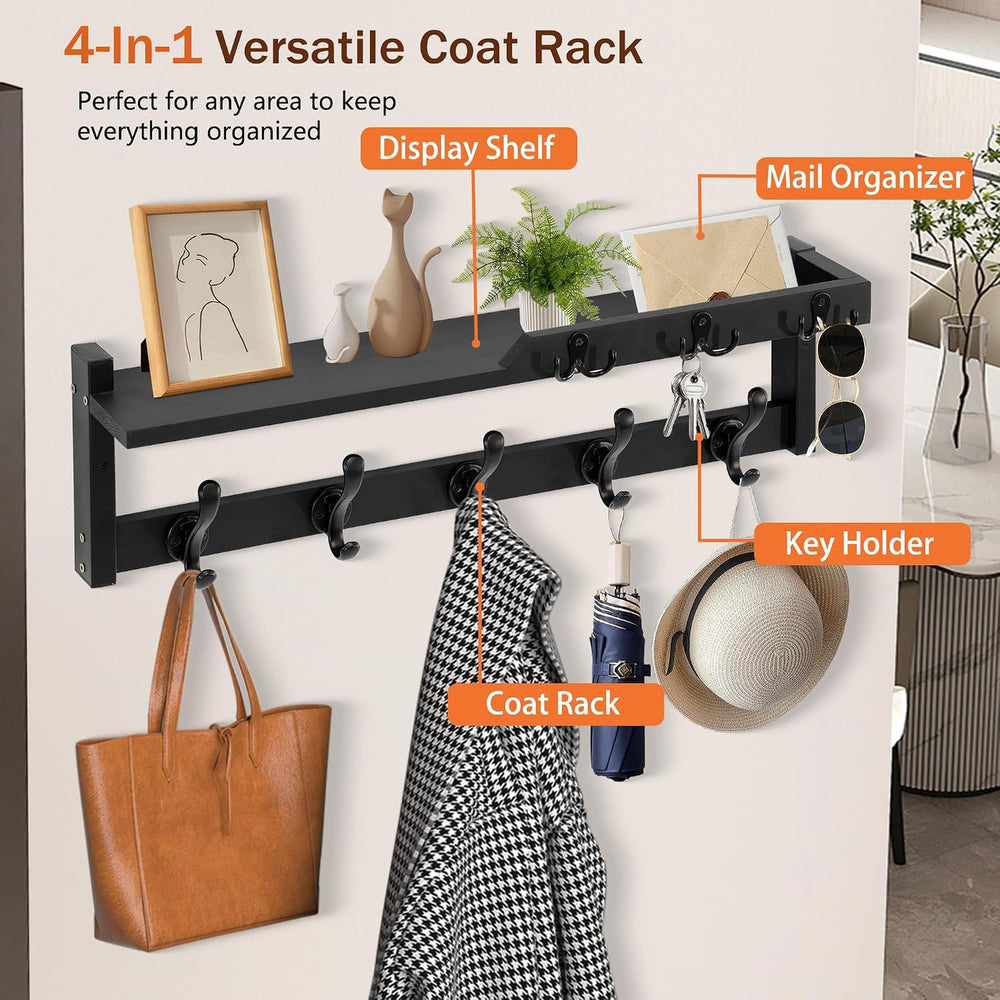 25.2" 4-in-1 Wall Mount Coat Rack with Shelf, Key Holder & Mail Orga...