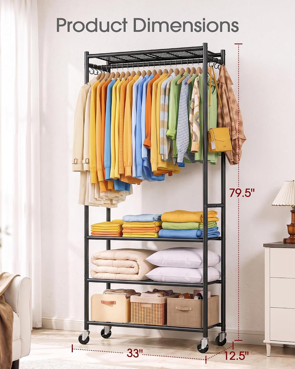 Sakugi Rolling Clothes Rack with Adjustable Shelves, 33"x12.5"x79.5...