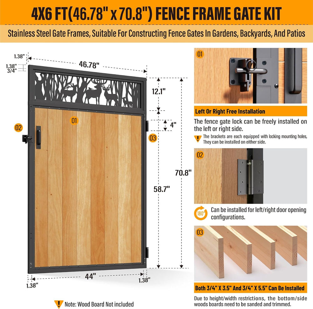 4x6FT Fence Gate Frame Kit 201 Stainless Steel Anti-Sag Heavy Duty Garden Gat...