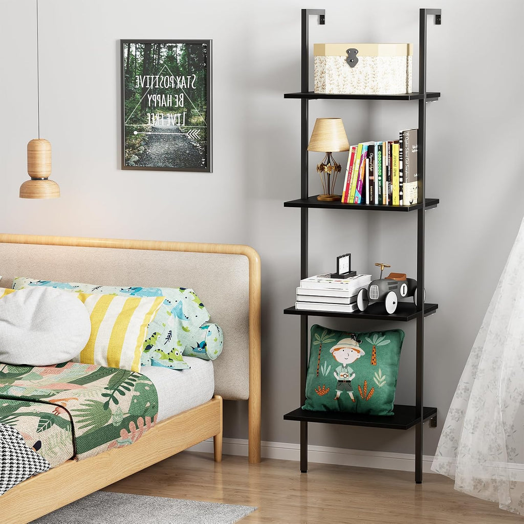 Ladder Shelf 4 Tiers Metal Industrial Bookshelf,Black Wooden Tall Open Storage Rack and Display Shelves,Wall Mount Wide Book Case for Home Office Bedroom,Small