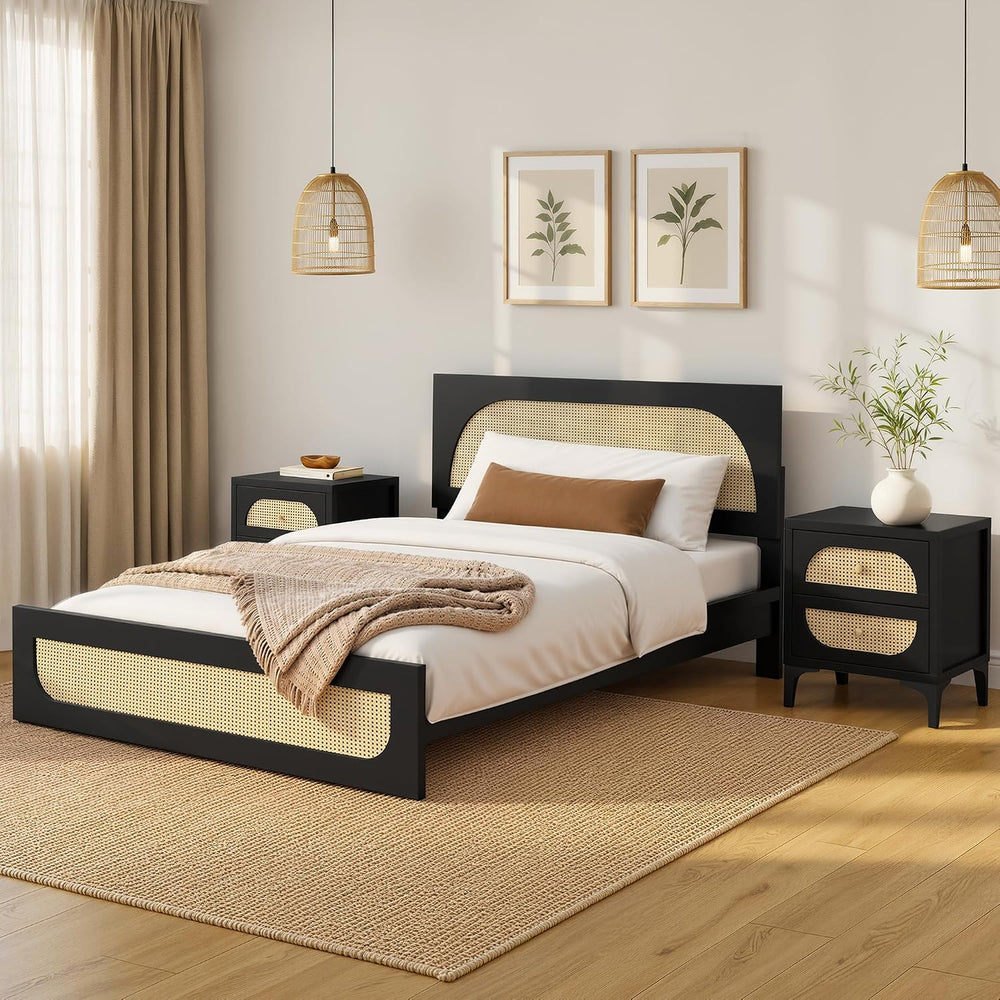 KISLOT Rattan Bed Frame with 2 Nightstands, Boho Platform, Black, Queen