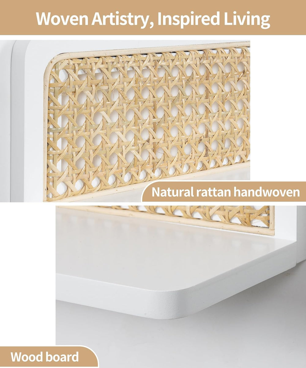 White Rattan Wall Shelf, Boho Floating Shelves, 16 Inch