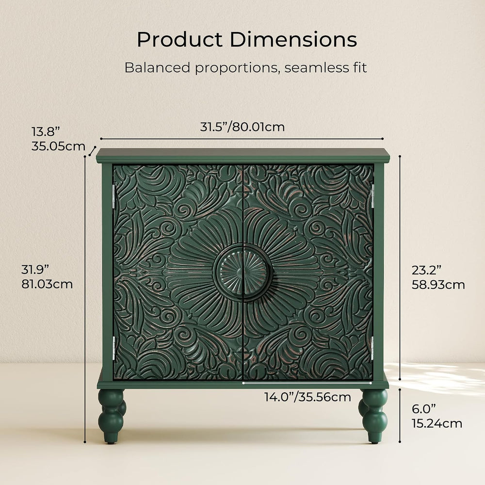 Solid Wood Buffet Cabinet, Accent Cabinet, 2 Carved Doors, Green