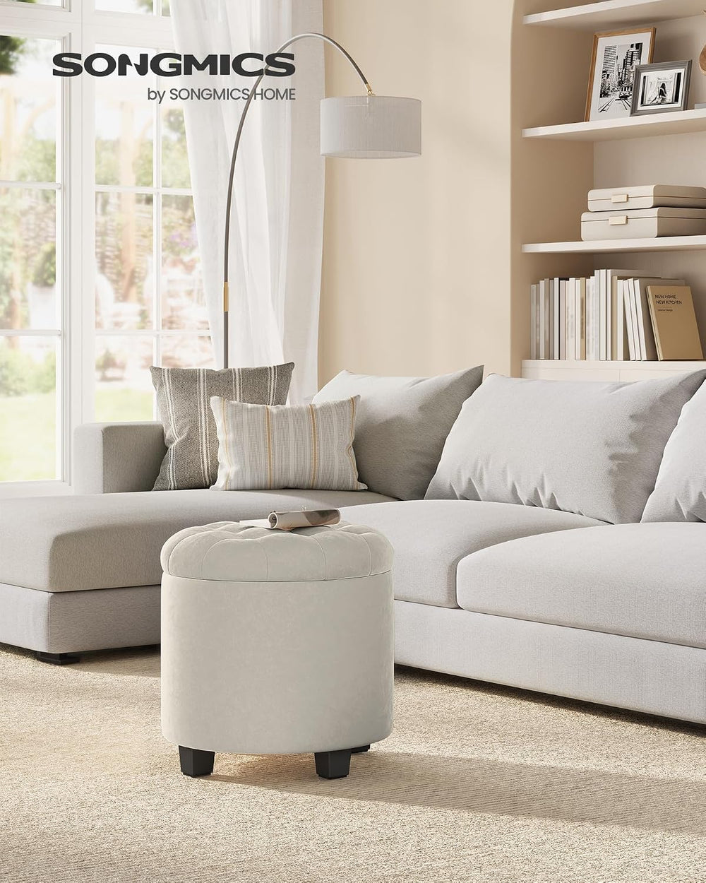 SONGMICS Vanity Stool, Round Ottoman with Storage, Velvet