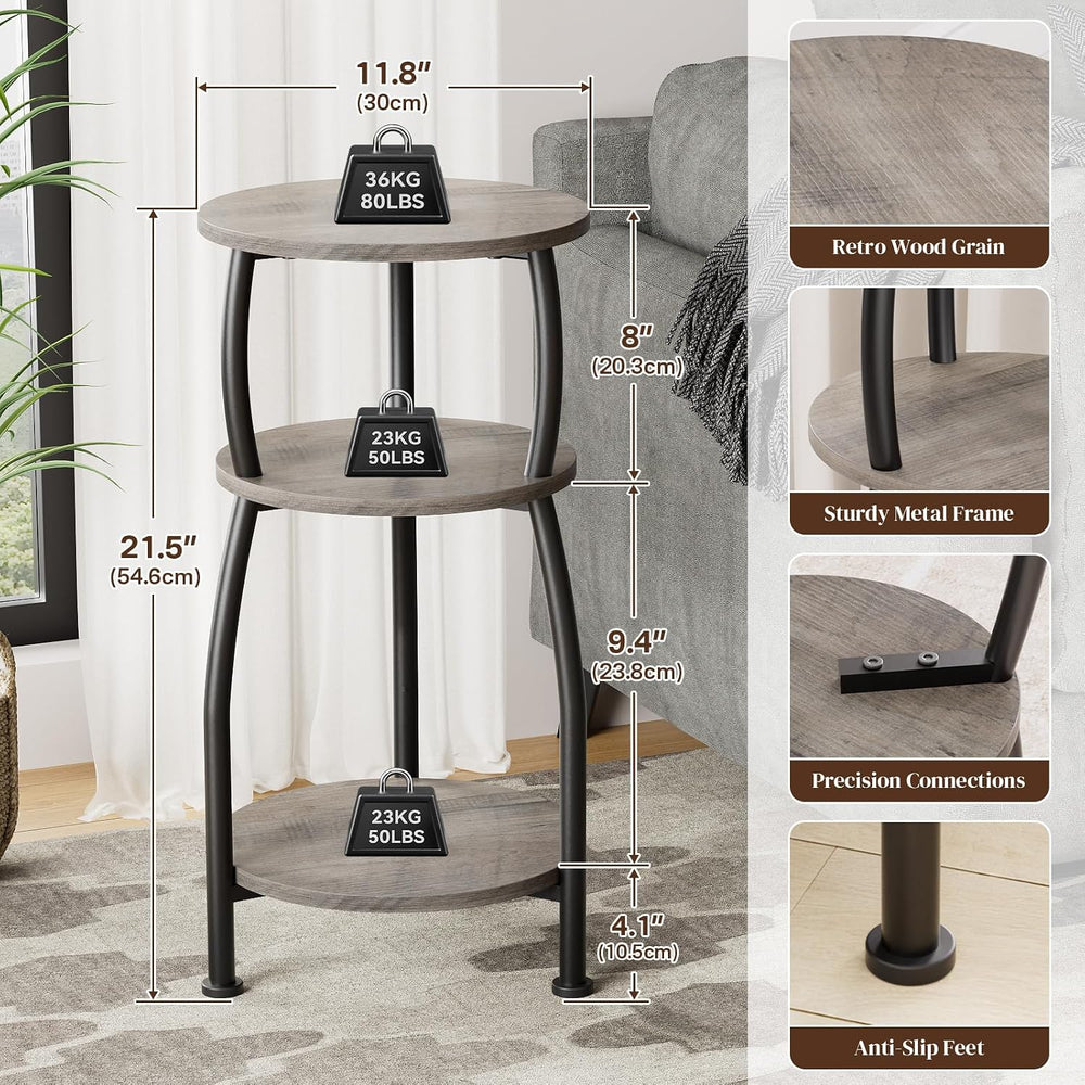 Small Round Side Table, 3-Tier Slim End Table for Small Spaces