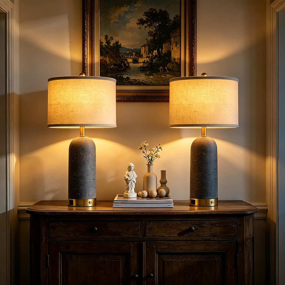 RORIA 25" Set of 2 Touch Farmhouse Table Lamps for Bedroom with USB C+A