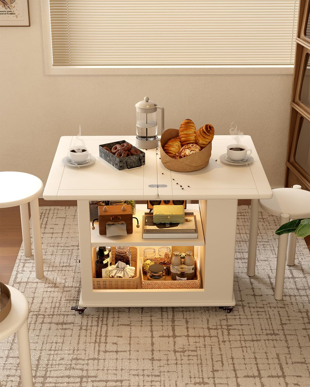 Expandable Coffee Table with Hidden Storage and Wheels,White