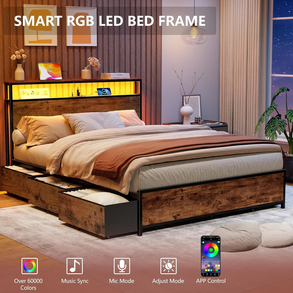 Forestell Queen Bed Frame with 2-Tier Storage Headboard & 6 Drawers