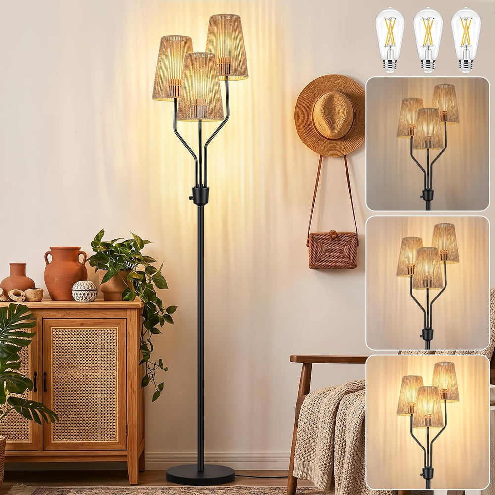 Bairth Boho Floor Lamp, Farmhouse Rattan 3-Light Floor Lamp for Living Room