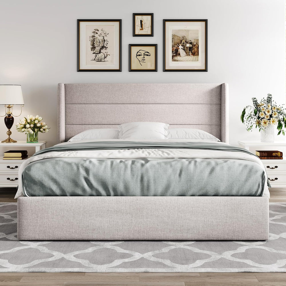 Allewie Queen Size Lift Up Hydraulic Storage Bed Frame Light Beige