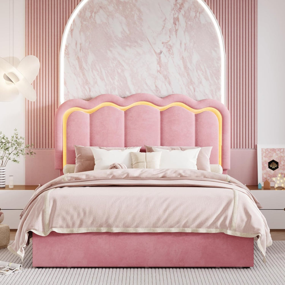 SHA CERLIN Queen Size Bed Frame with LED Lights and Storage Drawer, Pink