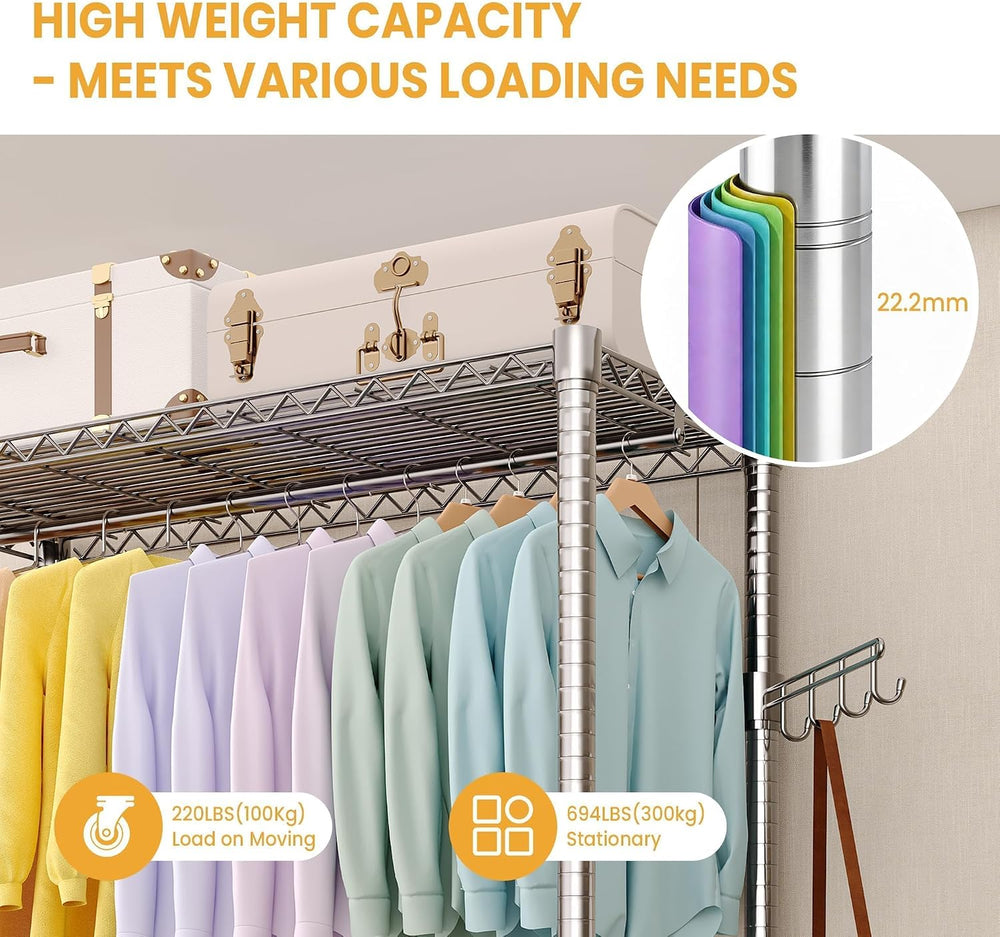 Garvee 3 Tier Clothes Rack with Wheels Portable Closets Adjustable Shelves