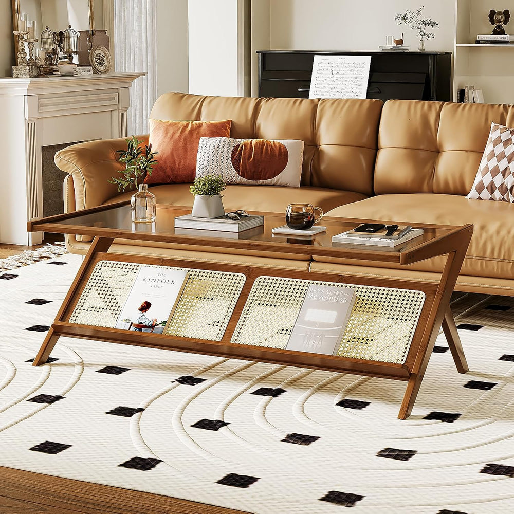 Bamworld Rattan Coffee Table with Glass Top Mid-Century Modern Center Table