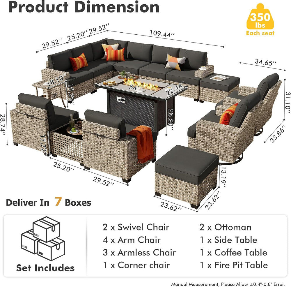 HOOOWOOO Outdoor Sectional Patio Furniture Set with Fire Pit Table,15 Pieces ...