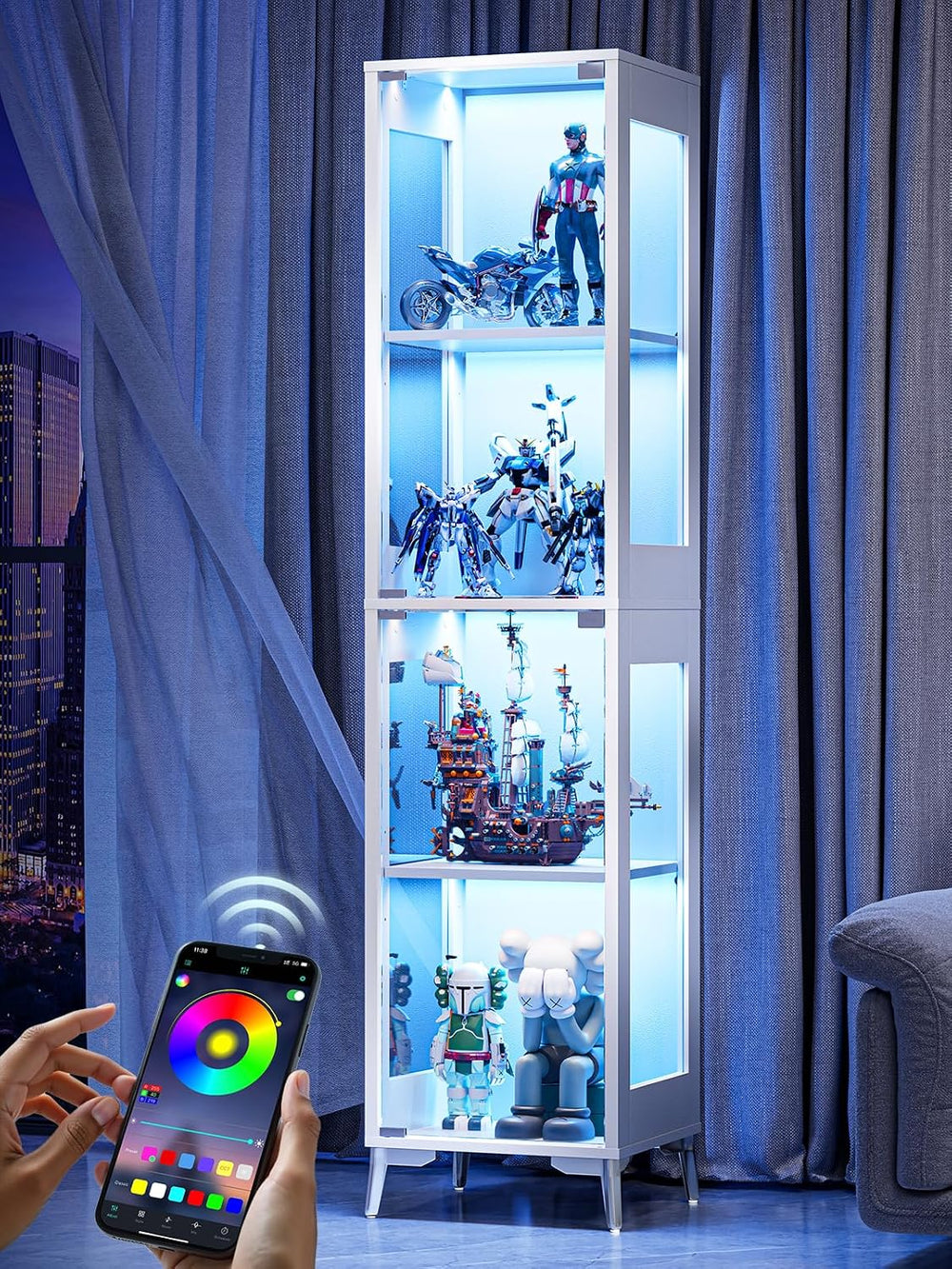 Glass Display Cabinet, 4-Tier Curio Cabinet, Adjustable Shelves, 60,000 Color...