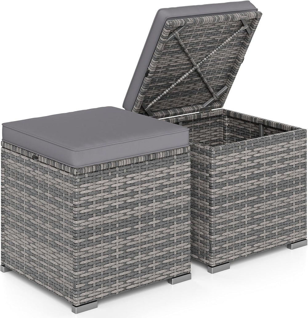 RELAX4LIFE Wicker Outdoor Storage Ottoman - 2-Piece Rattan Footstool w/Remova...