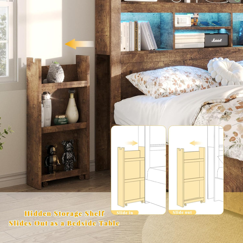 LUXOAK King Size Bed Frame with Bookcase Headboard & Storage, Rustic Brown