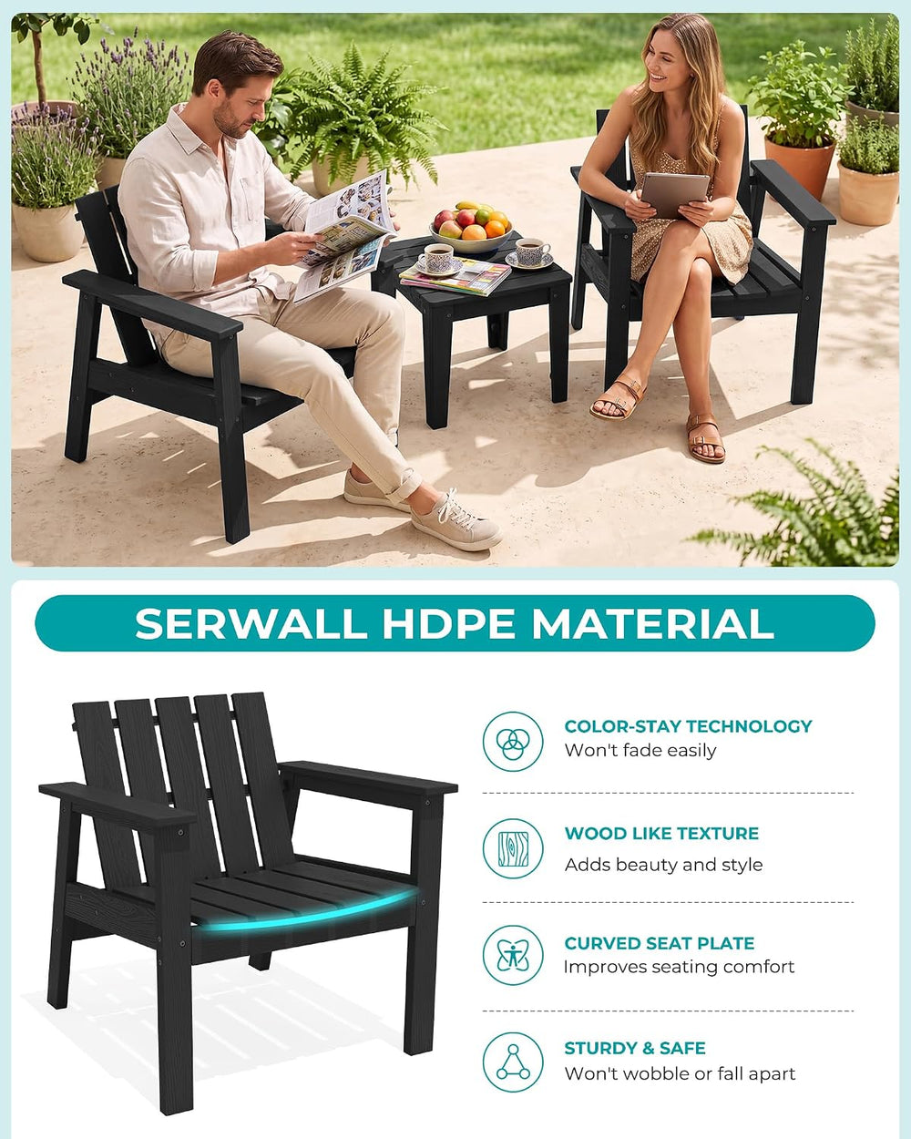 SERWALL Low Back Bistro Set-utdoor Adirondack Chairs and Side Table-Black