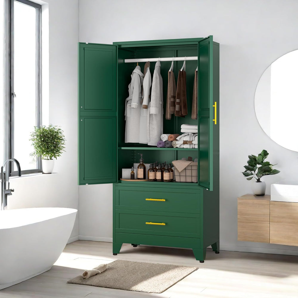 PAOFIN Green 71" Metal Armoire Wardrobe Closet, Bedroom Clothing Storage...