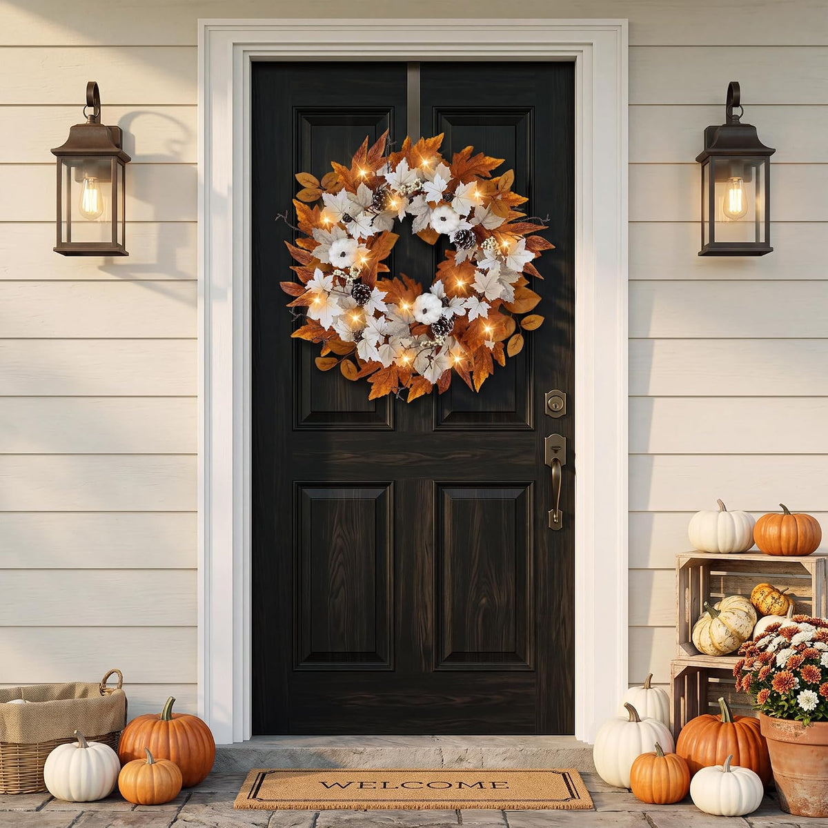 Fall Wreaths for Front Door Outside Autumn Wreath with Lights Berries Pine Cones Fall Decorations for Home Decor Pumpkin Wreath for Farmhouse Holiday Thanksgiving Harvest Halloween Outdoor
