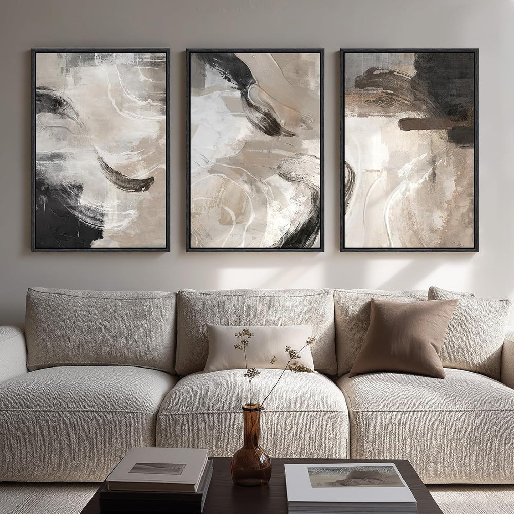 Large Framed Neutral Modern Abstract Wall Art for Living Room, 24x36 In