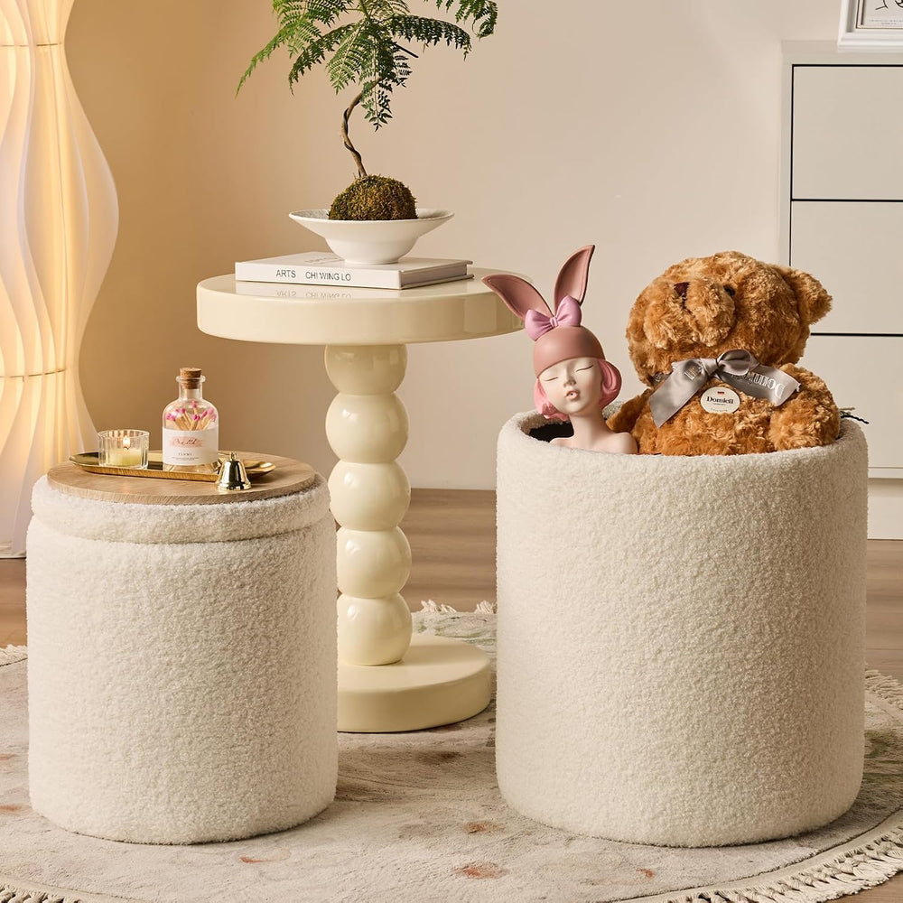 BLEXA Set of 2 Round Storage Ottoman, White Sherpa Ottoman with Storage