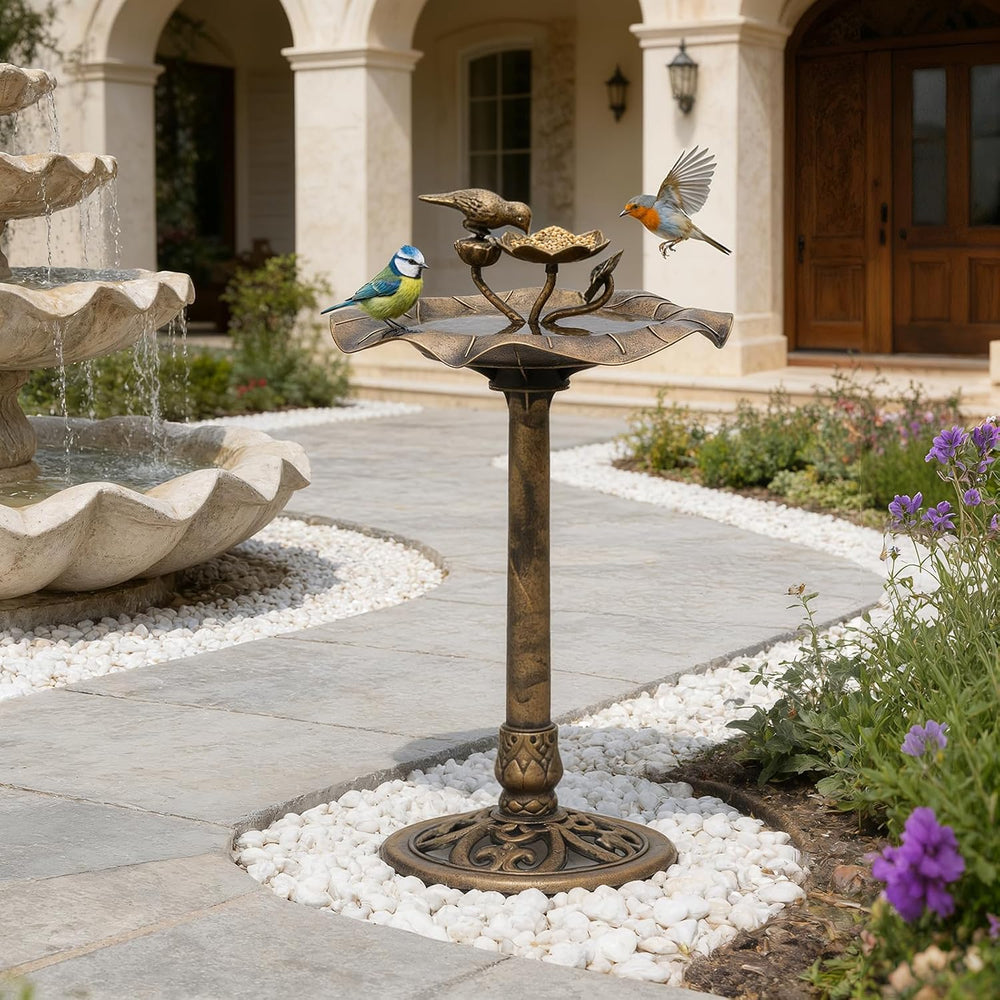 Magshion Bird Bath for Outside w/ Small Feeder Bowl, 35" Tall, Bronze