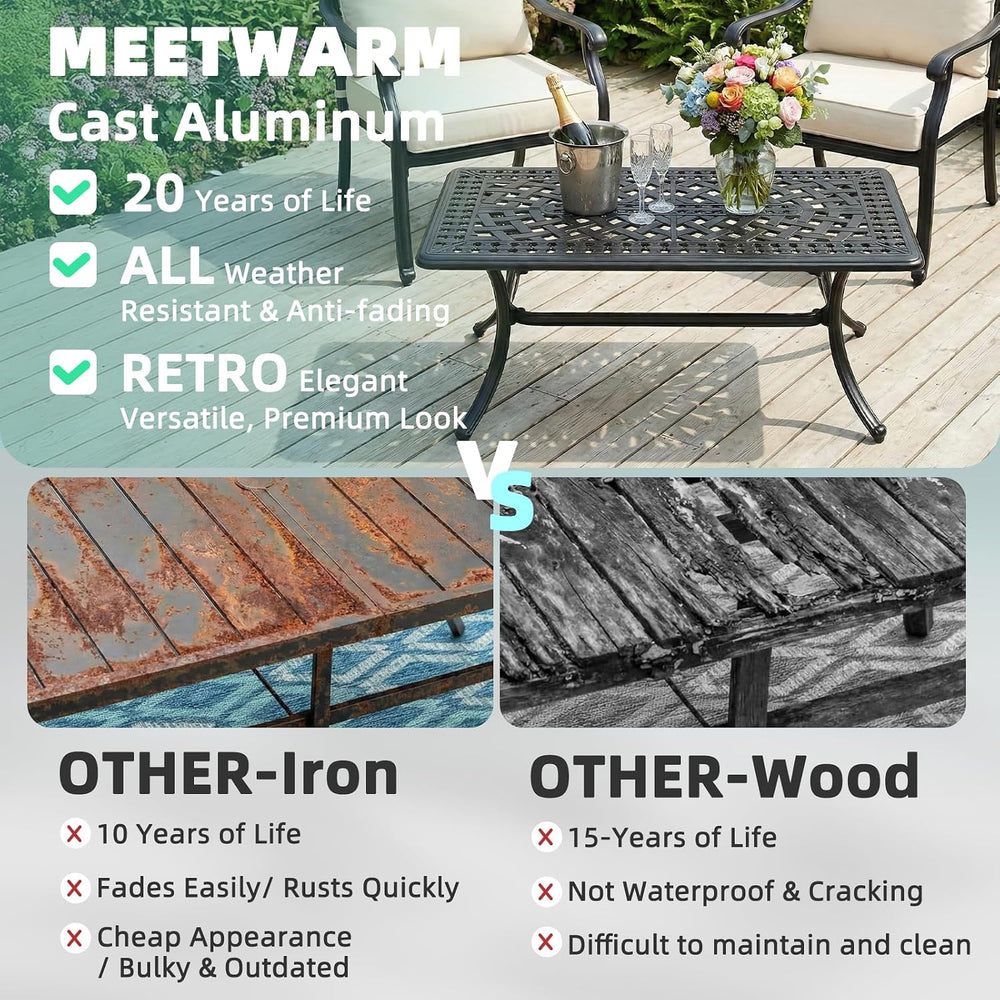 MEETWARM Outdoor Coffee Table, All-Weather Cast Aluminum 42" Rectangle P...